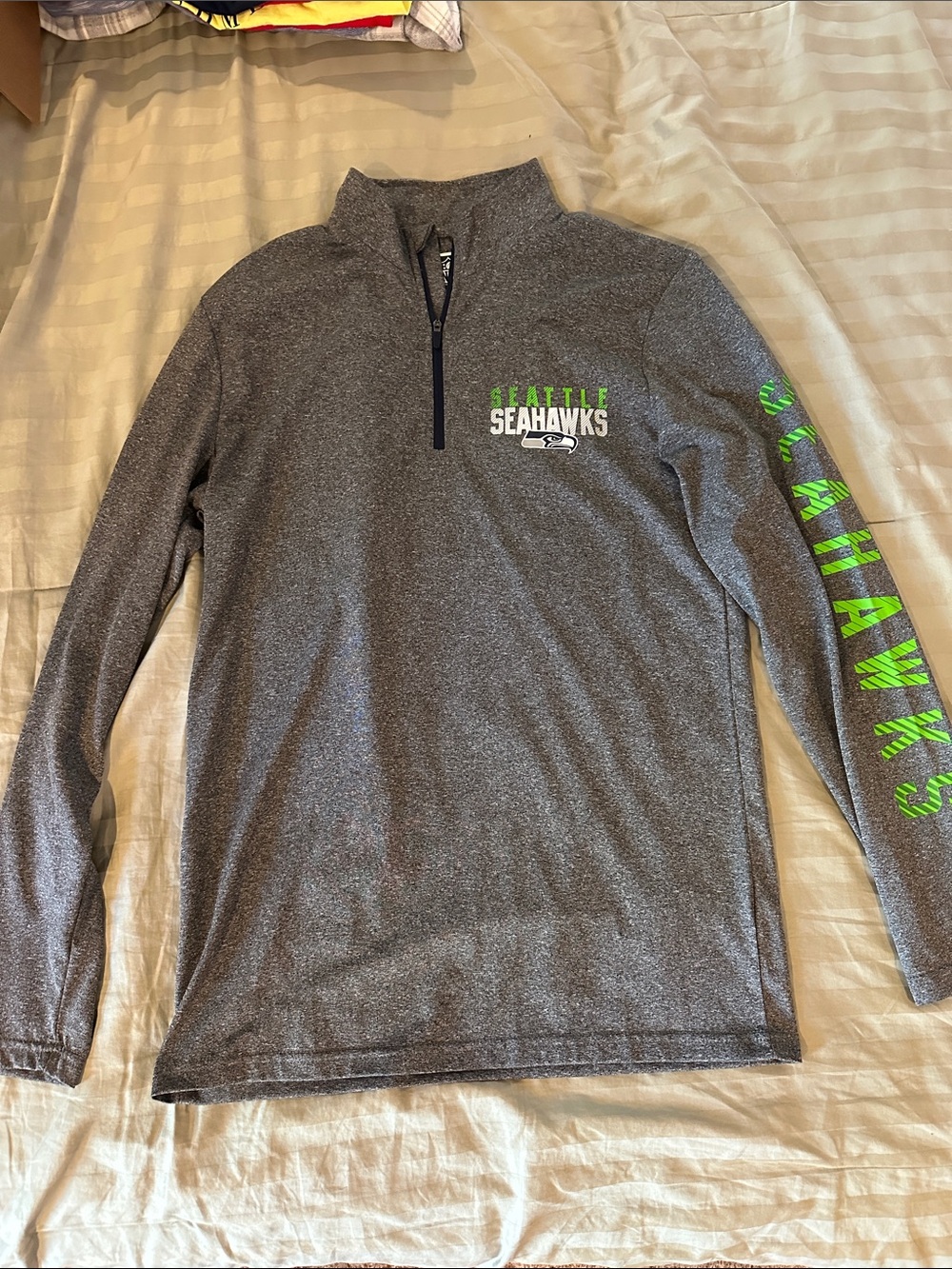 NFL Gray Heather Seattle Seahawks 1/4 Zip Pullover with Green Sleeve Text